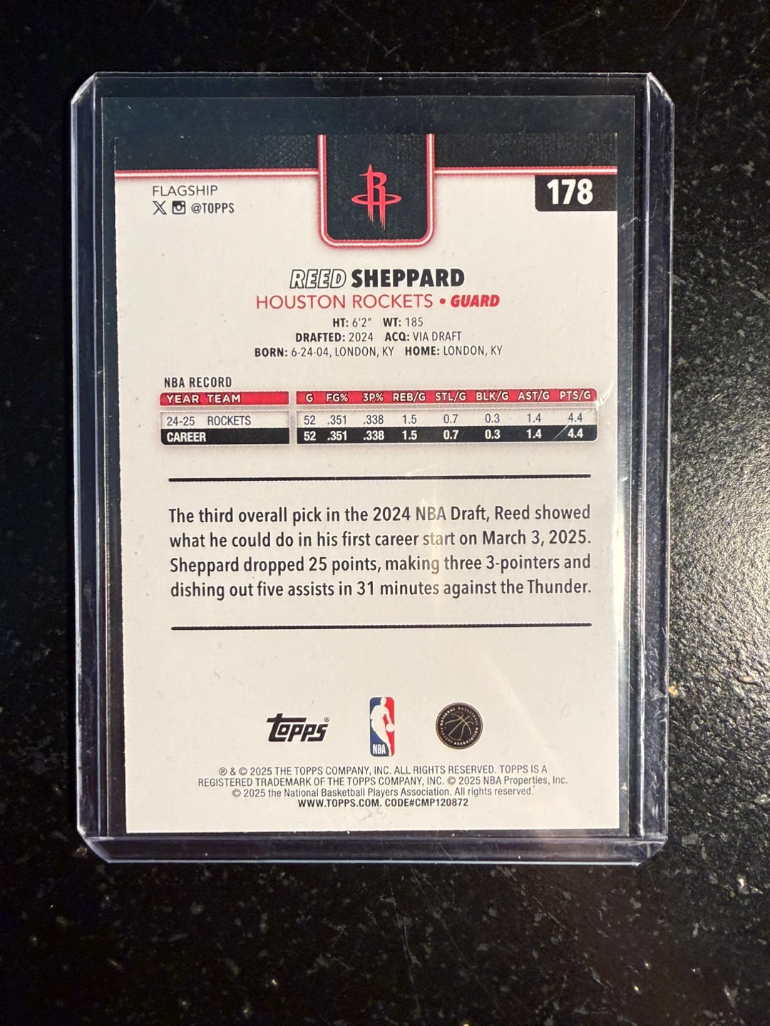 Topps Reed Sheppard 2024 Houston Rockets Basketball Card - photo 2