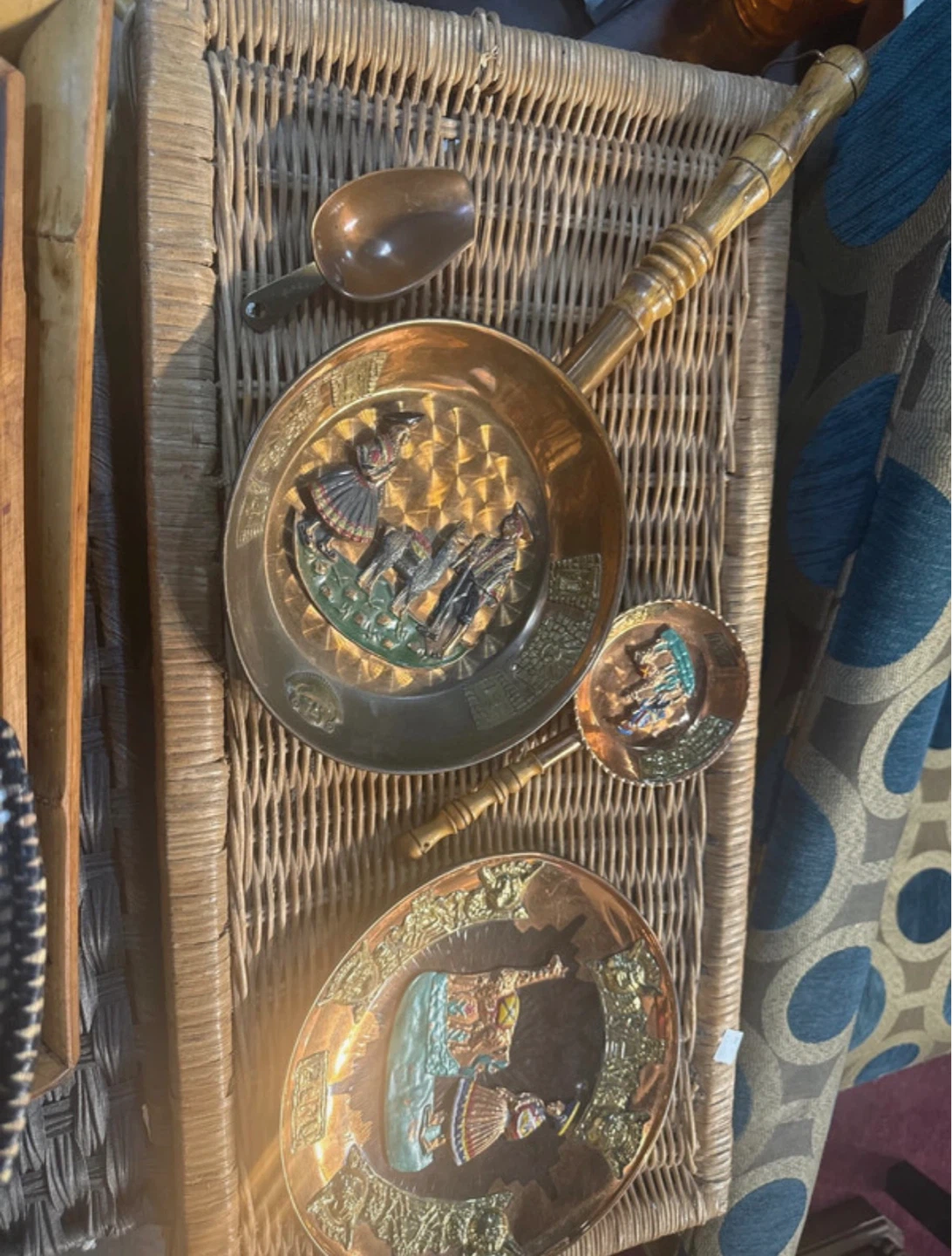 Copper decorative plate with wooden handle and scoop