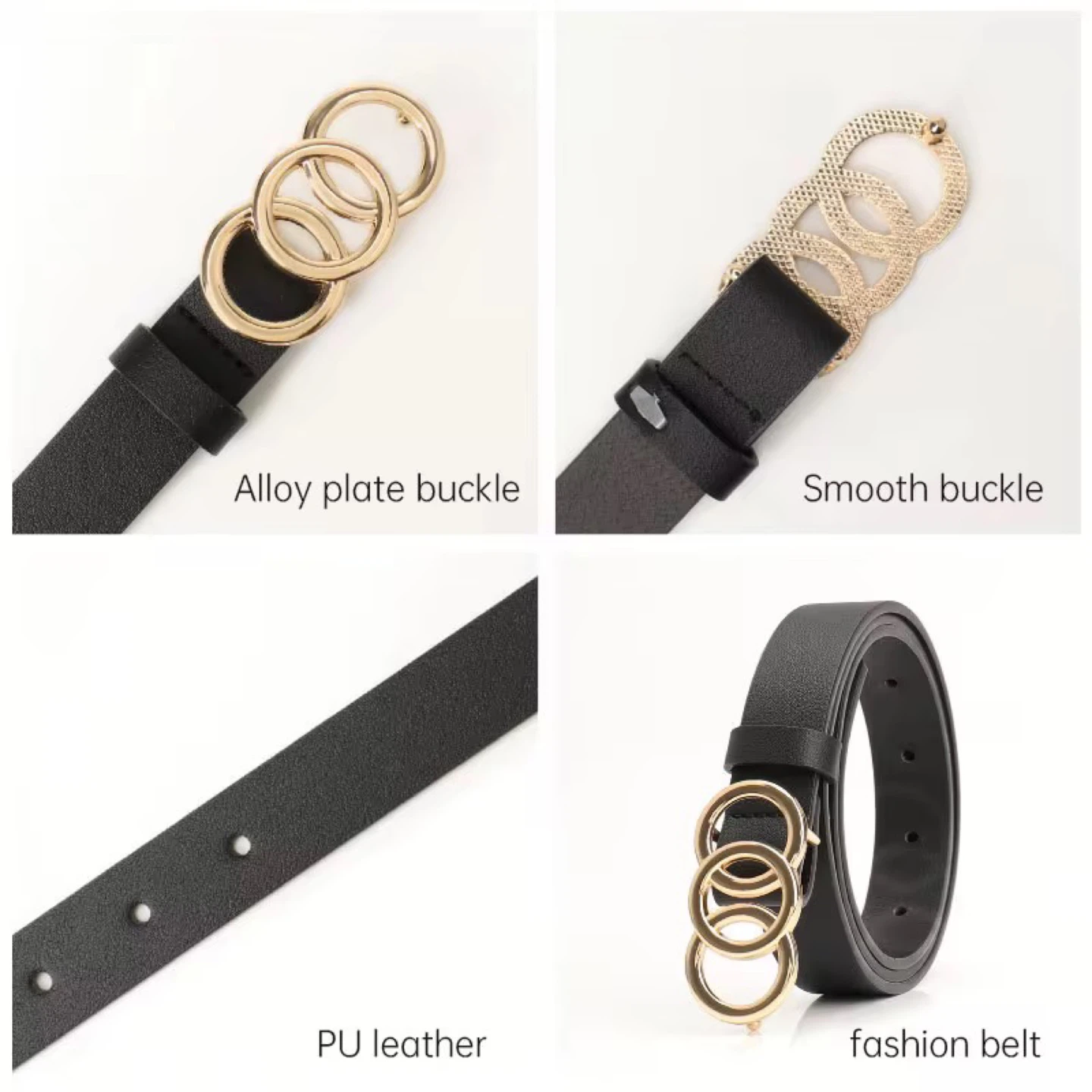 Women's PU Leather Belt with Gold Double Ring Buckle - photo 3