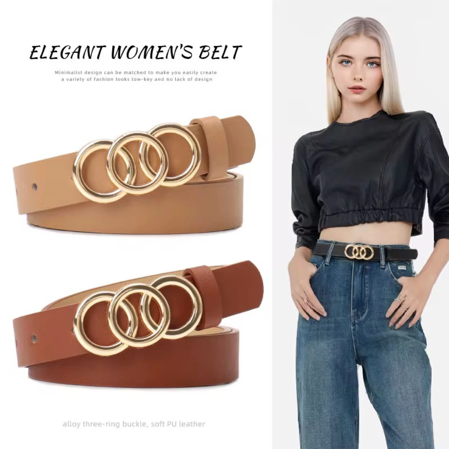 Women's PU Leather Belt with Gold Double Ring Buckle - photo 2