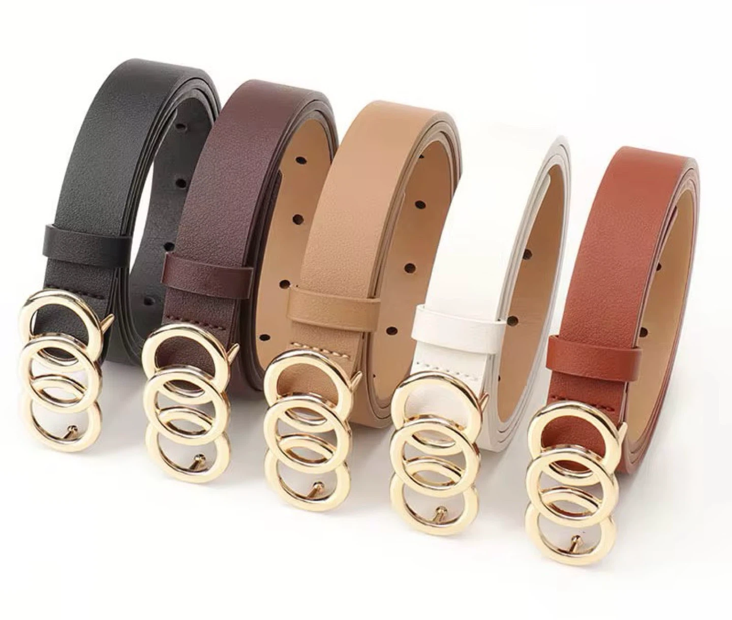Women's PU Leather Belt with Gold Double Ring Buckle