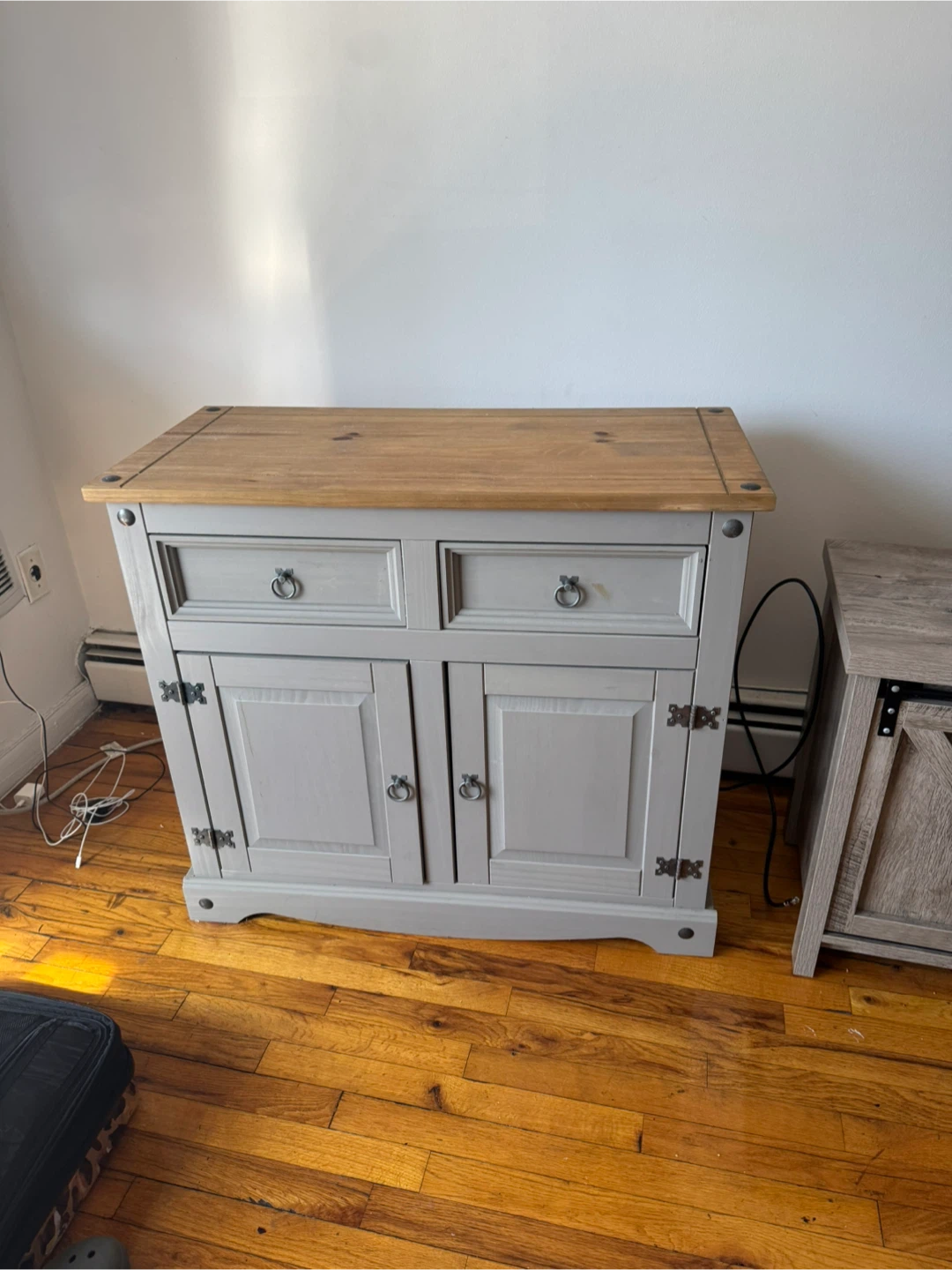 Gray Two Drawer Two Door Cabinet with Wooden Top