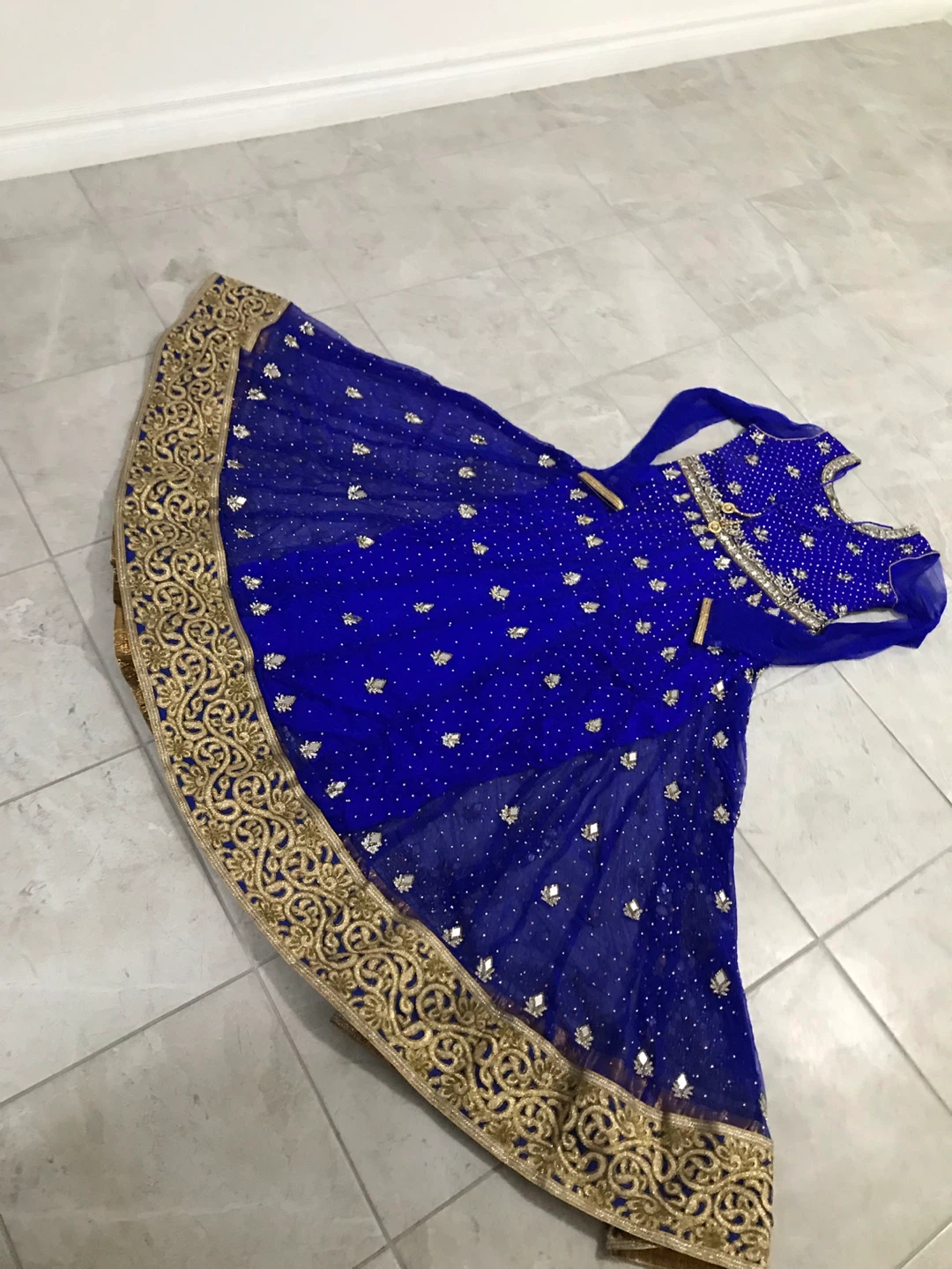 Blue Anarkali Dress with Gold Embroidery and Mirror Work - photo 5