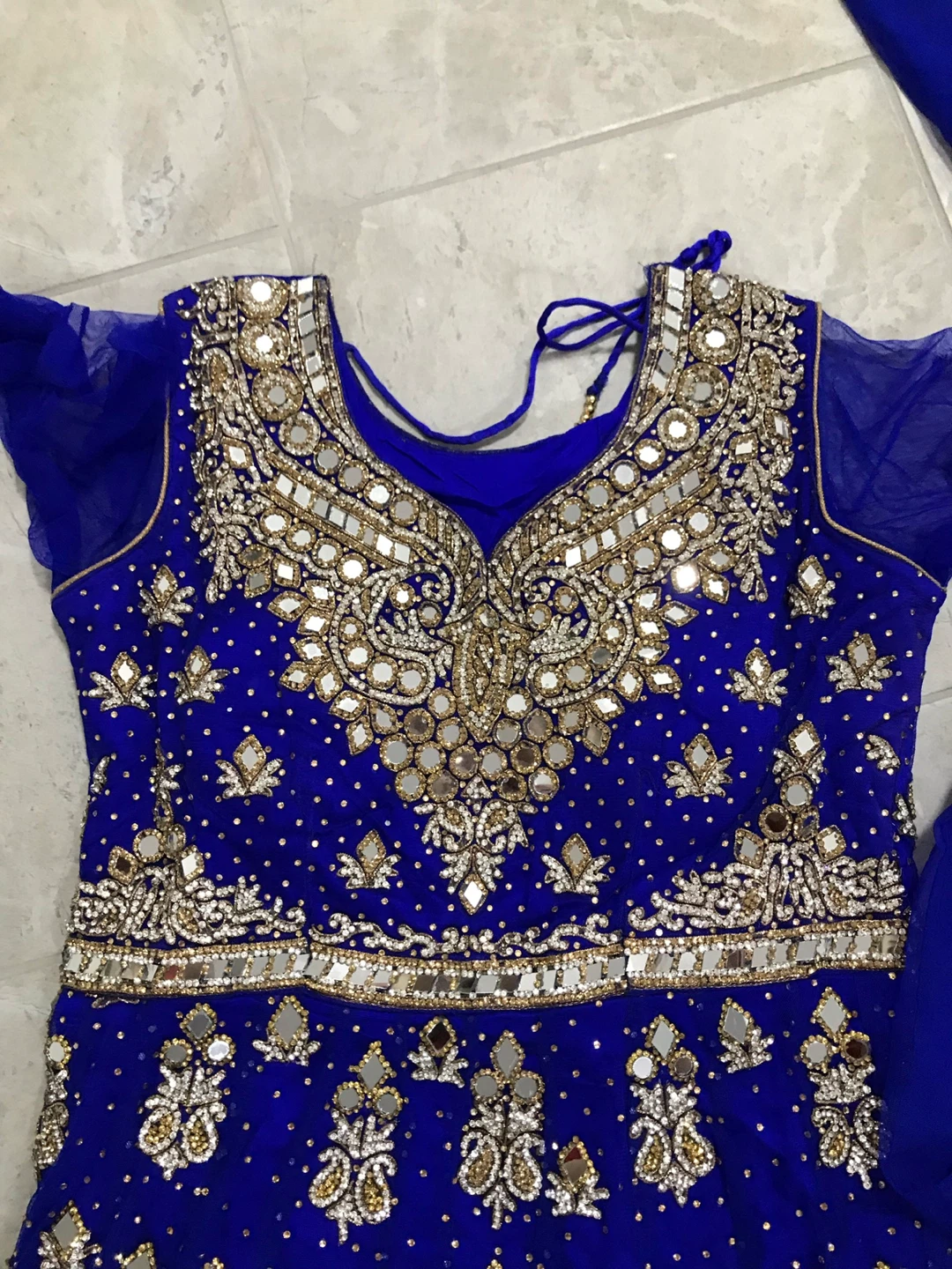 Blue Anarkali Dress with Gold Embroidery and Mirror Work