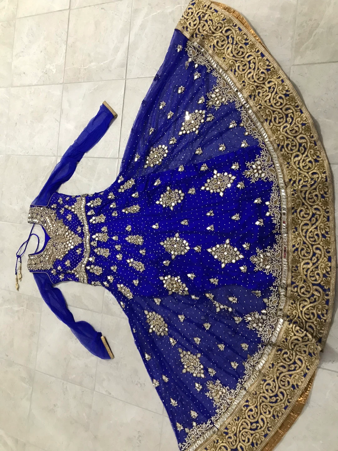 Blue Anarkali Dress with Gold Embroidery and Mirror Work - photo 4