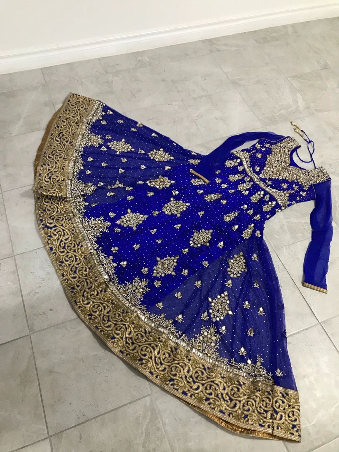 Blue Anarkali Dress with Gold Embroidery and Mirror Work - photo 3