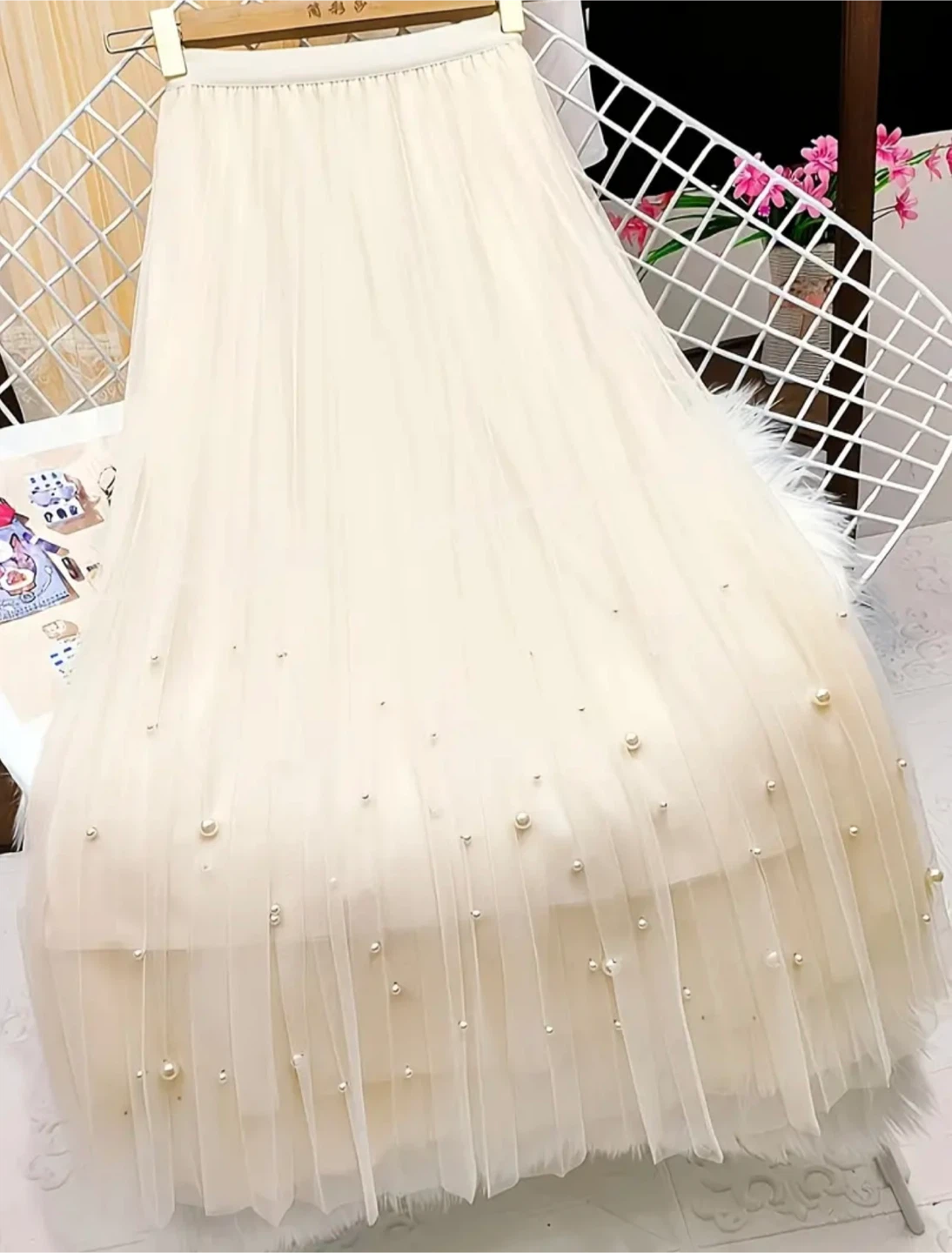 Women's Pearl Embellished Tulle Skirt