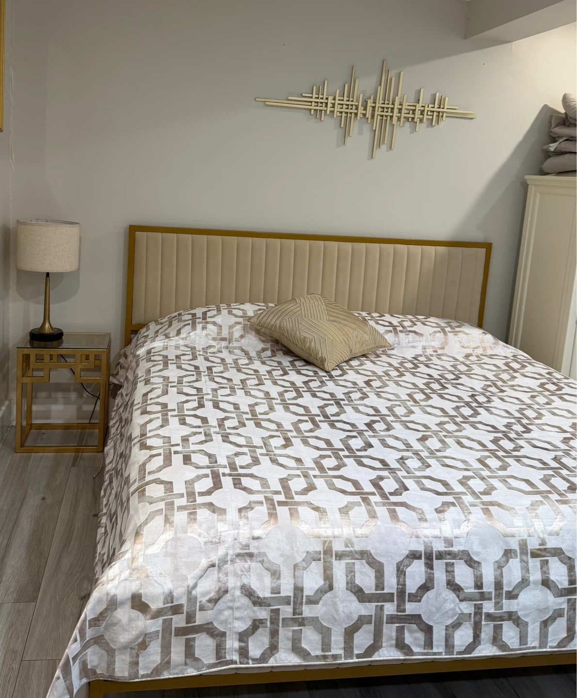 Velvet Upholstered King Bed Frame with Gold Metal Accents
