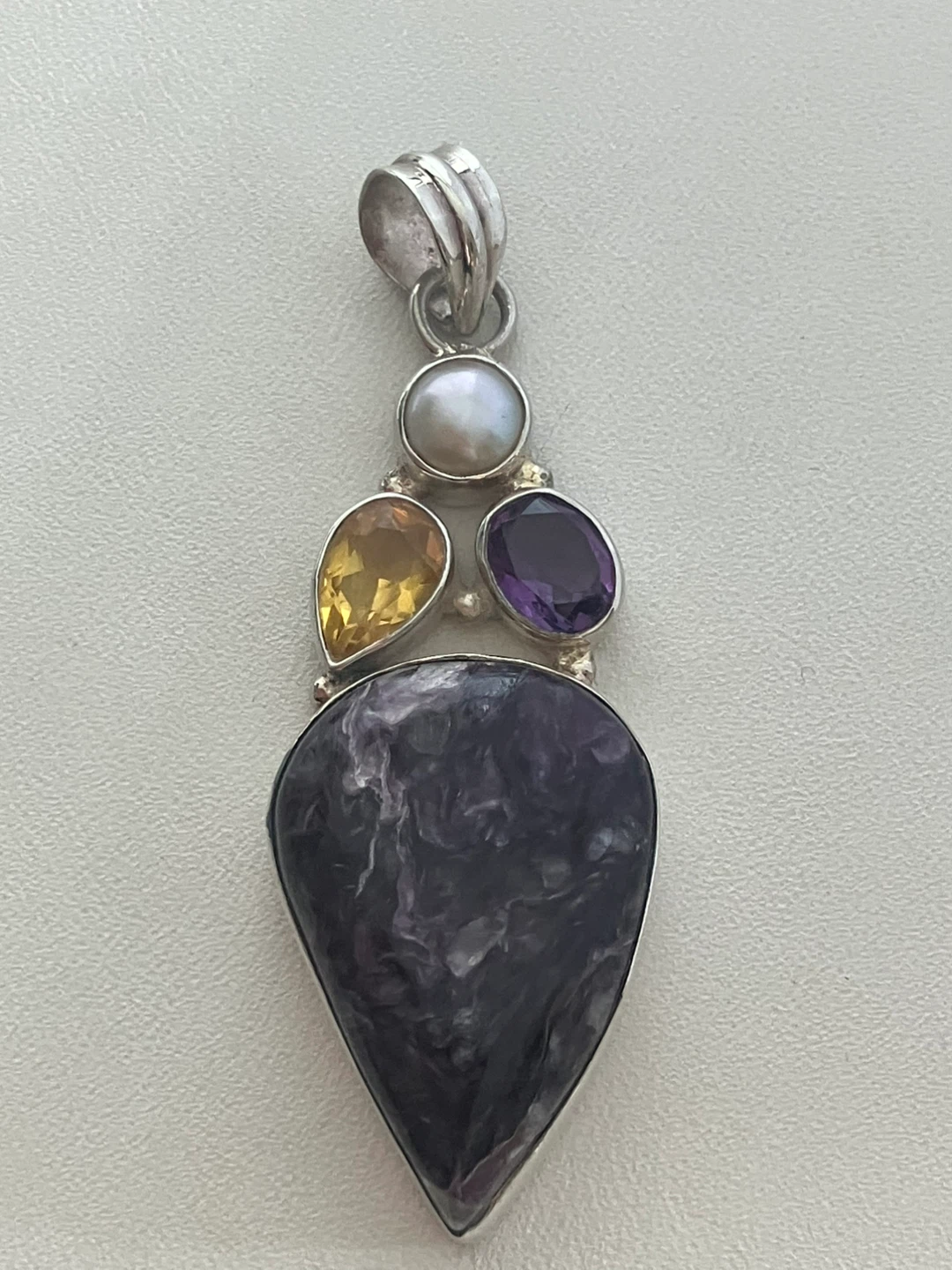 925 Sterling Silver Charoite, citrine, amethyst, pearl pendant - photo 5
