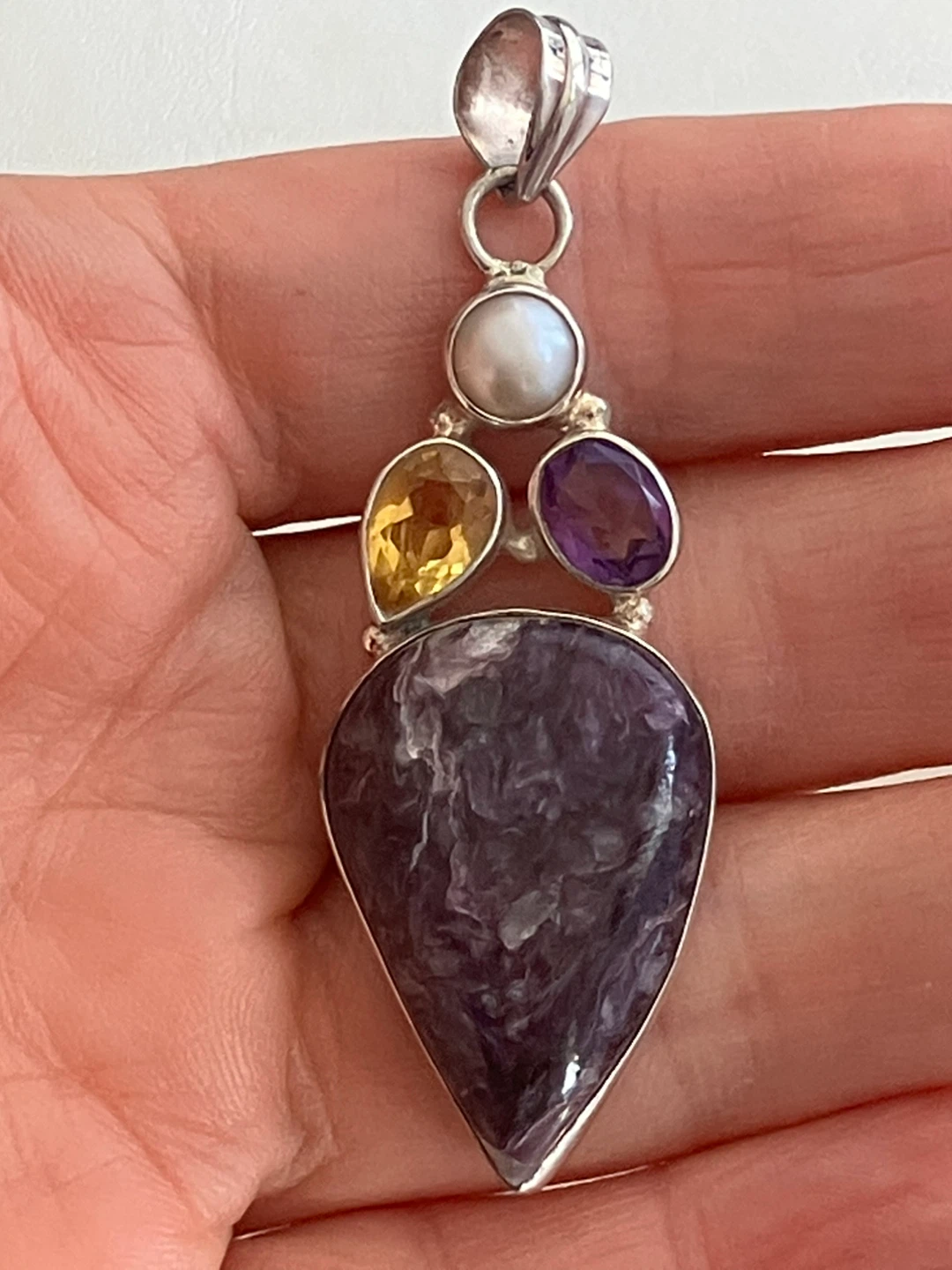 925 Sterling Silver Charoite, citrine, amethyst, pearl pendant