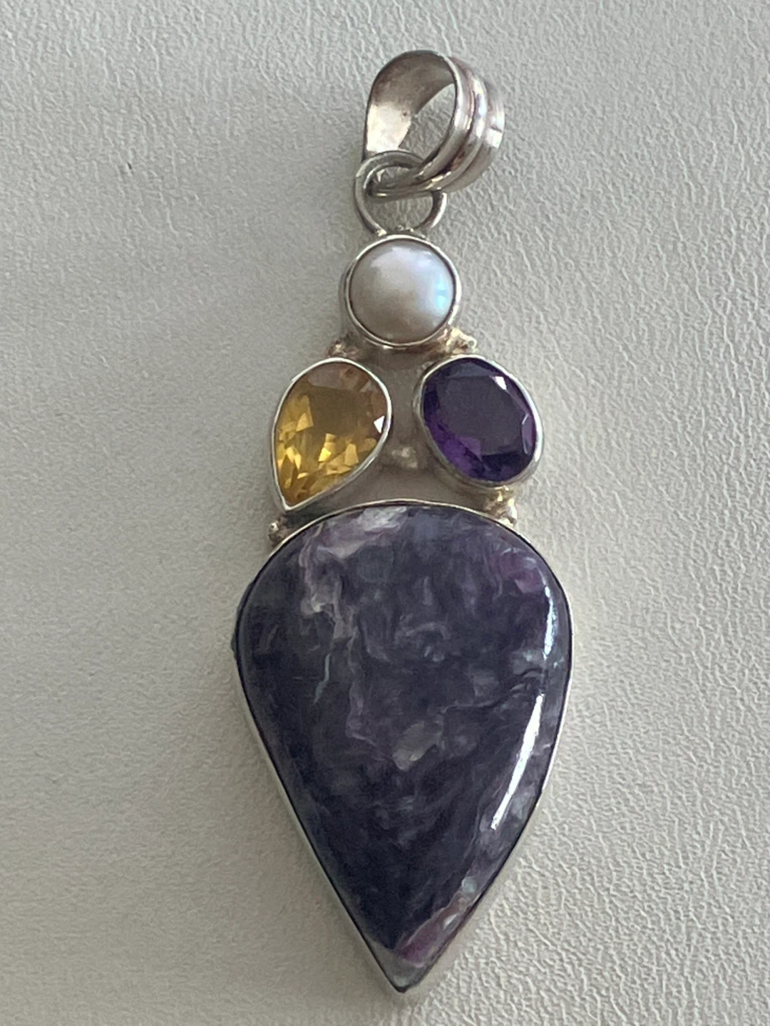 925 Sterling Silver Charoite, citrine, amethyst, pearl pendant - photo 2