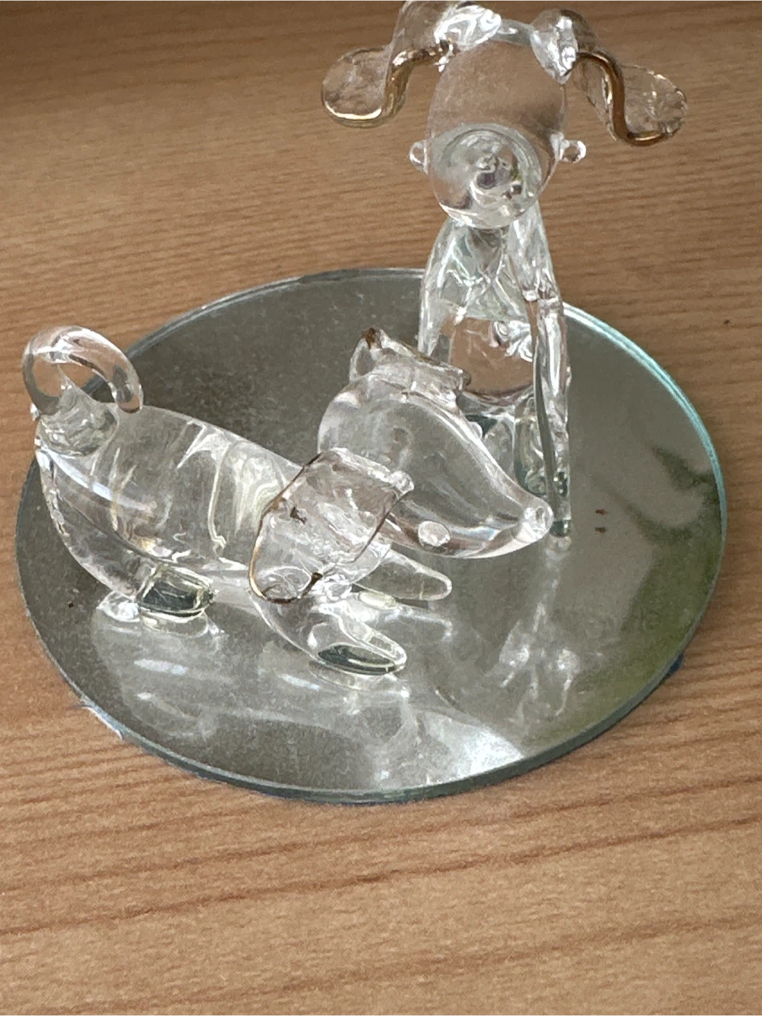 Glass Dachshund and Dog Figurine on Mirror Base