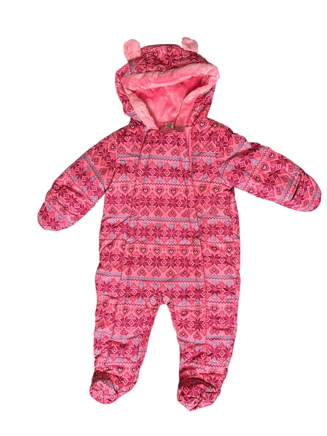 Baby Girl Snowsuit 6-12M Pink Fair Isle Bear Hood - photo 3