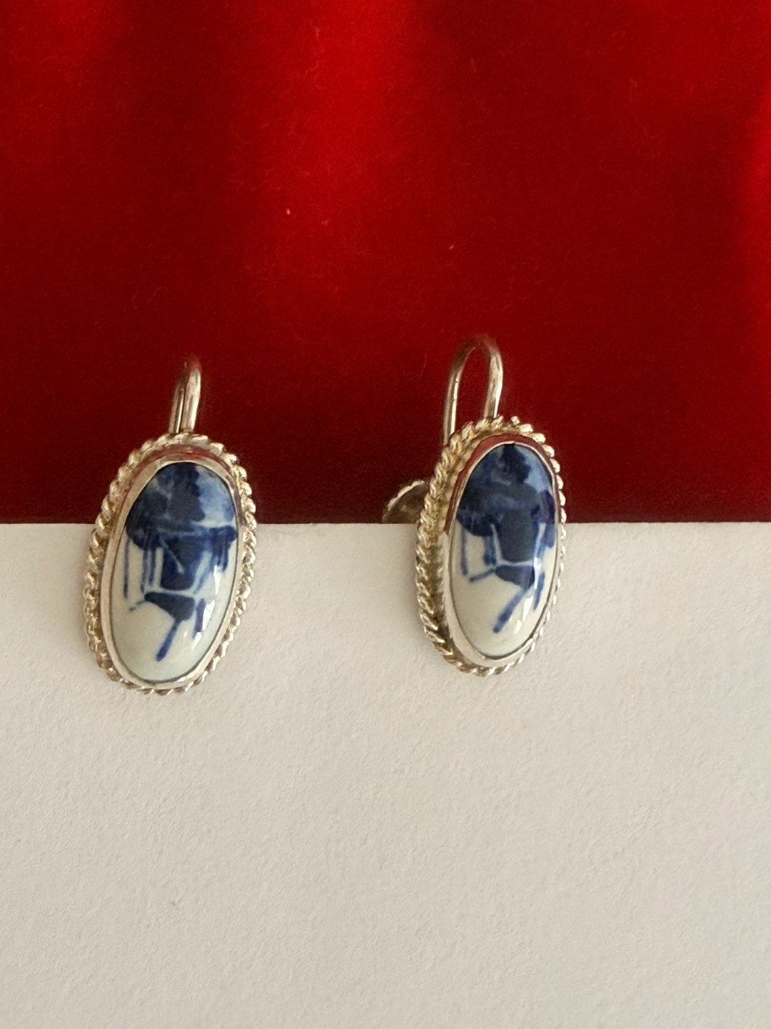 Vintage Delft Blue & 925 Sterling Silver Windmill Earrings - photo 5