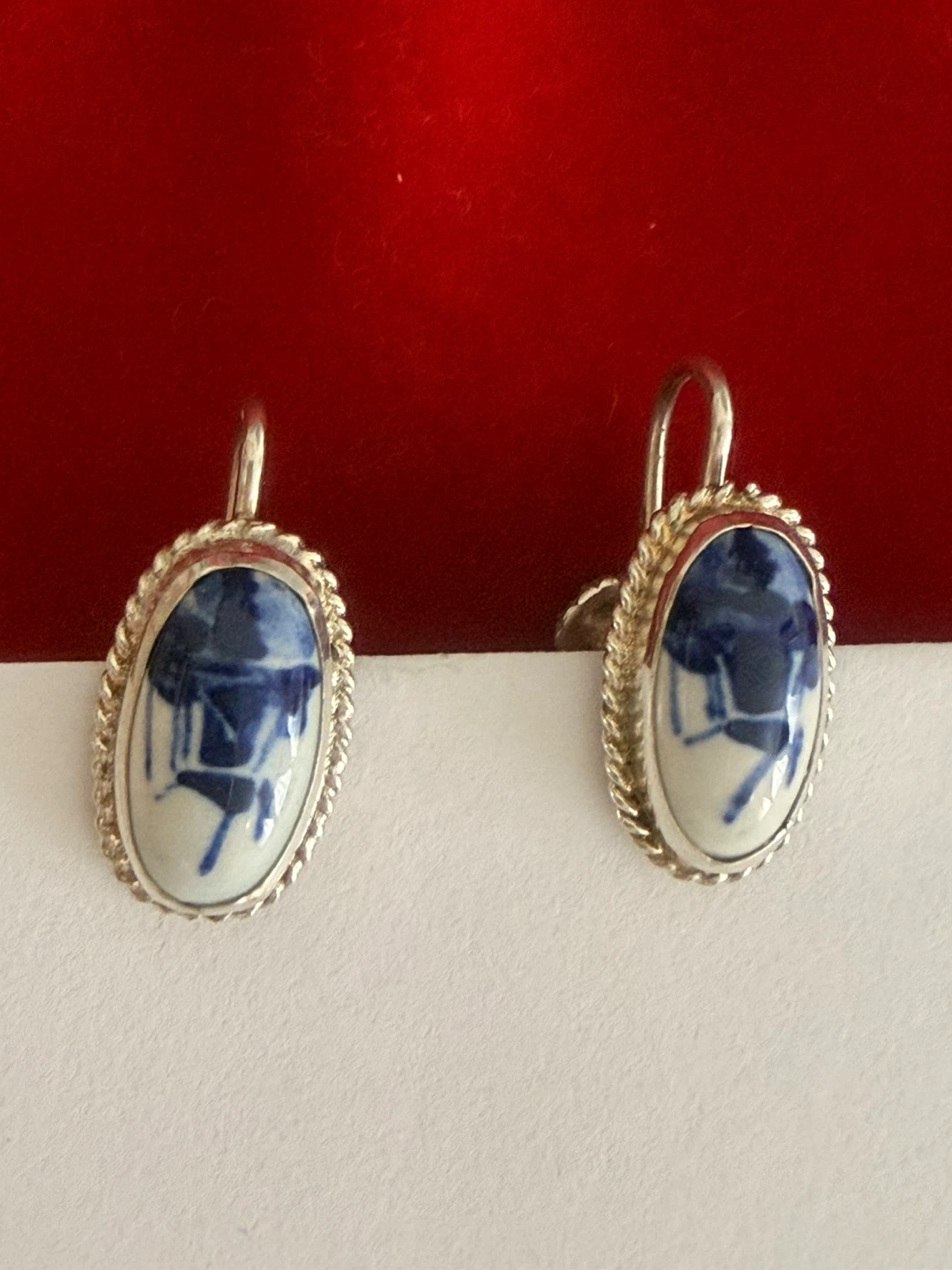 Vintage Delft Blue & 925 Sterling Silver Windmill Earrings - photo 3