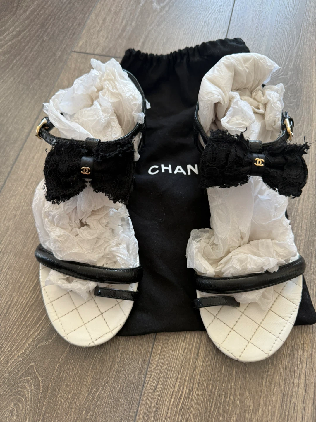 Authentic Chanel Black Quilted Sandals with Bows