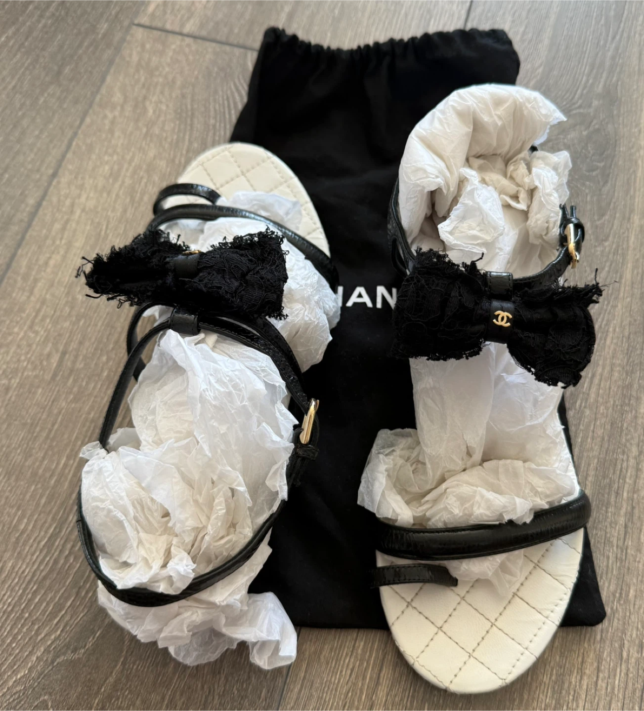 Authentic Chanel Black Quilted Sandals with Bows - photo 2
