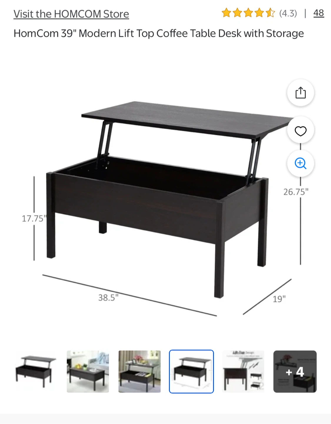 HomCom 39" Modern Lift Top Coffee Table Desk with Storage - photo 3