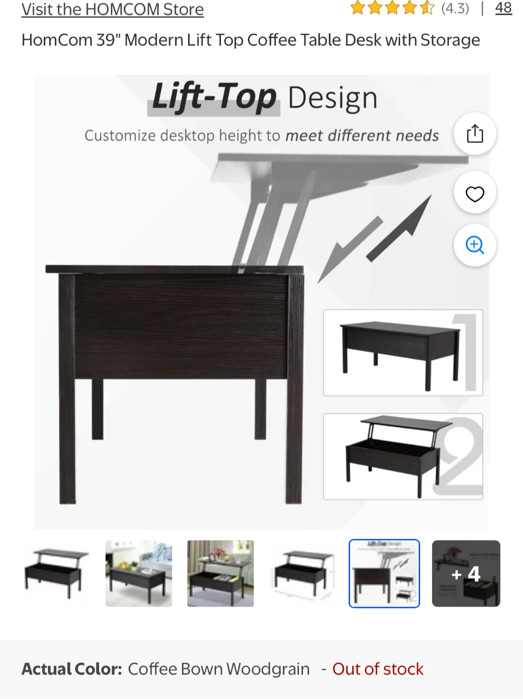 HomCom 39" Modern Lift Top Coffee Table Desk with Storage - photo 4
