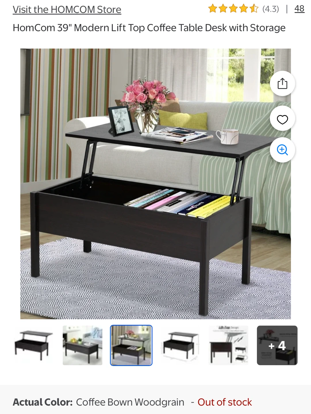 HomCom 39" Modern Lift Top Coffee Table Desk with Storage