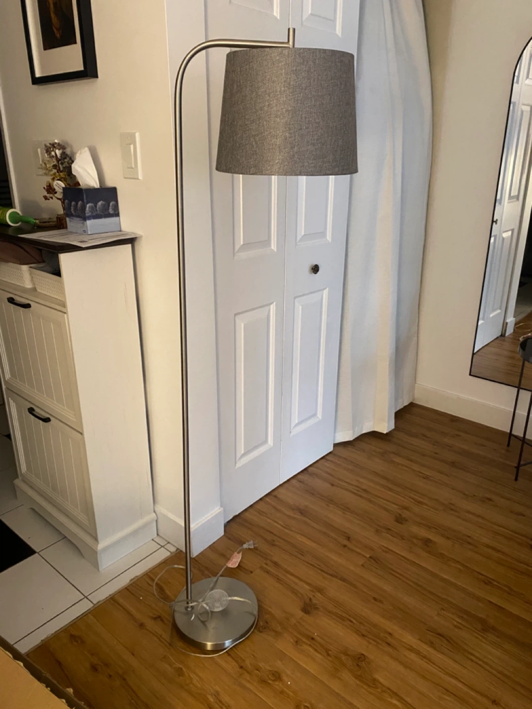 Grey Arc Floor Lamp with Fabric Shade