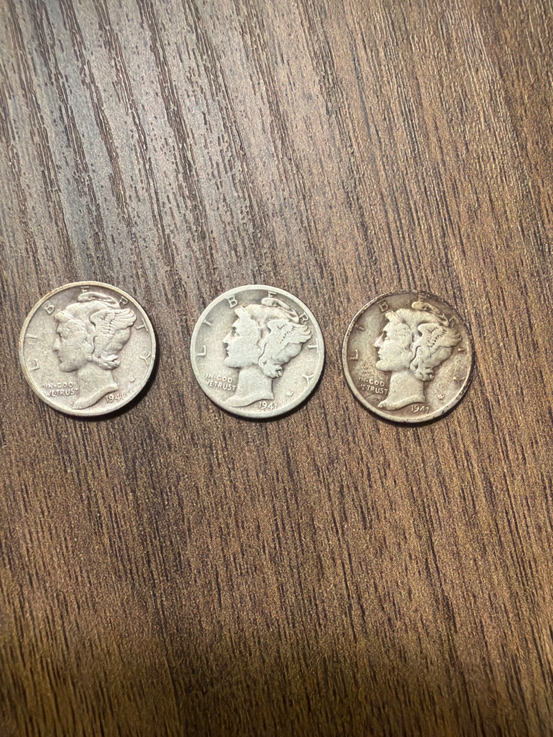 3 Mercury Dimes - 1941, 1944, 1944
