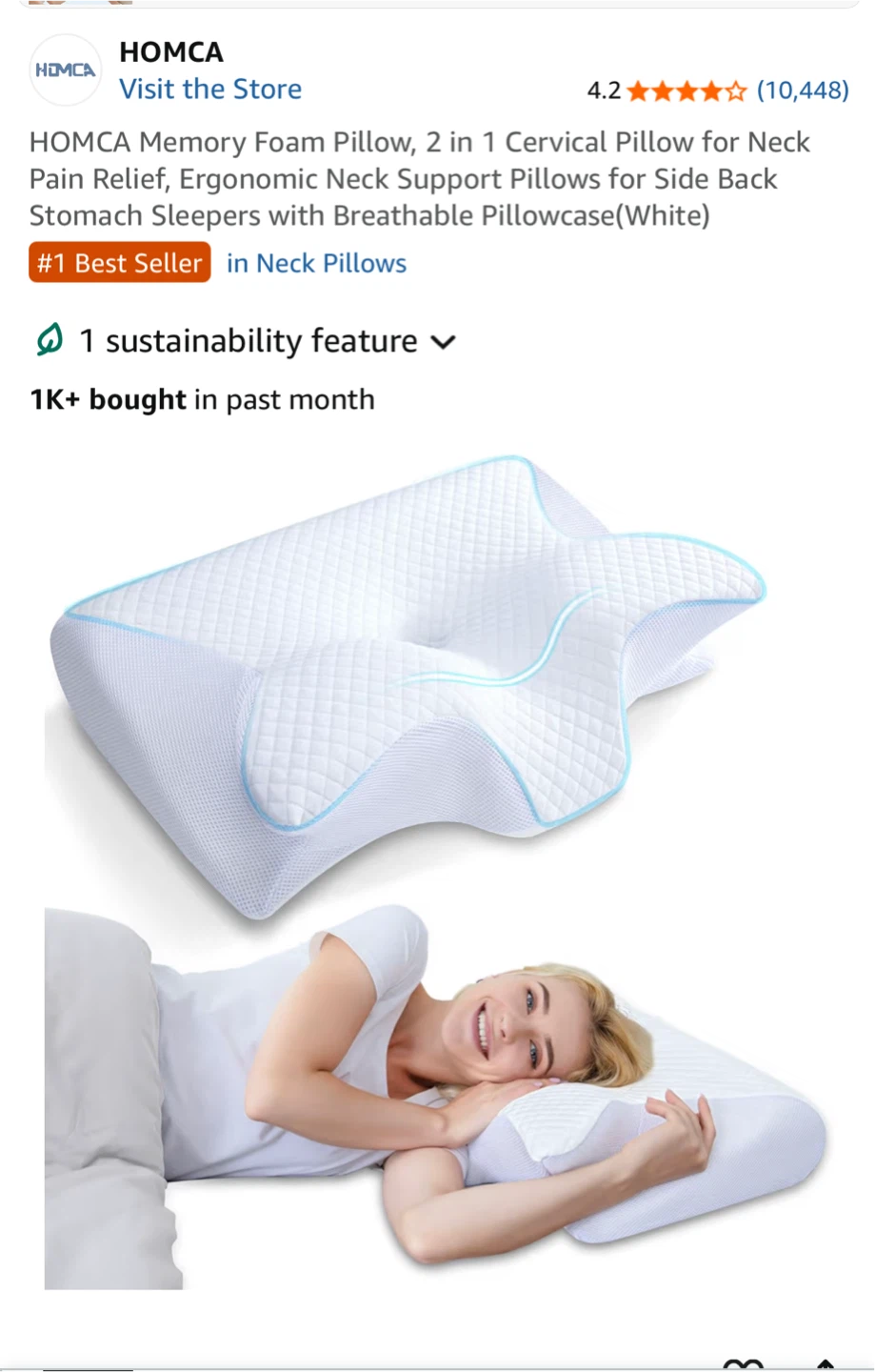 HOMCA Memory Foam Neck Pillow - White