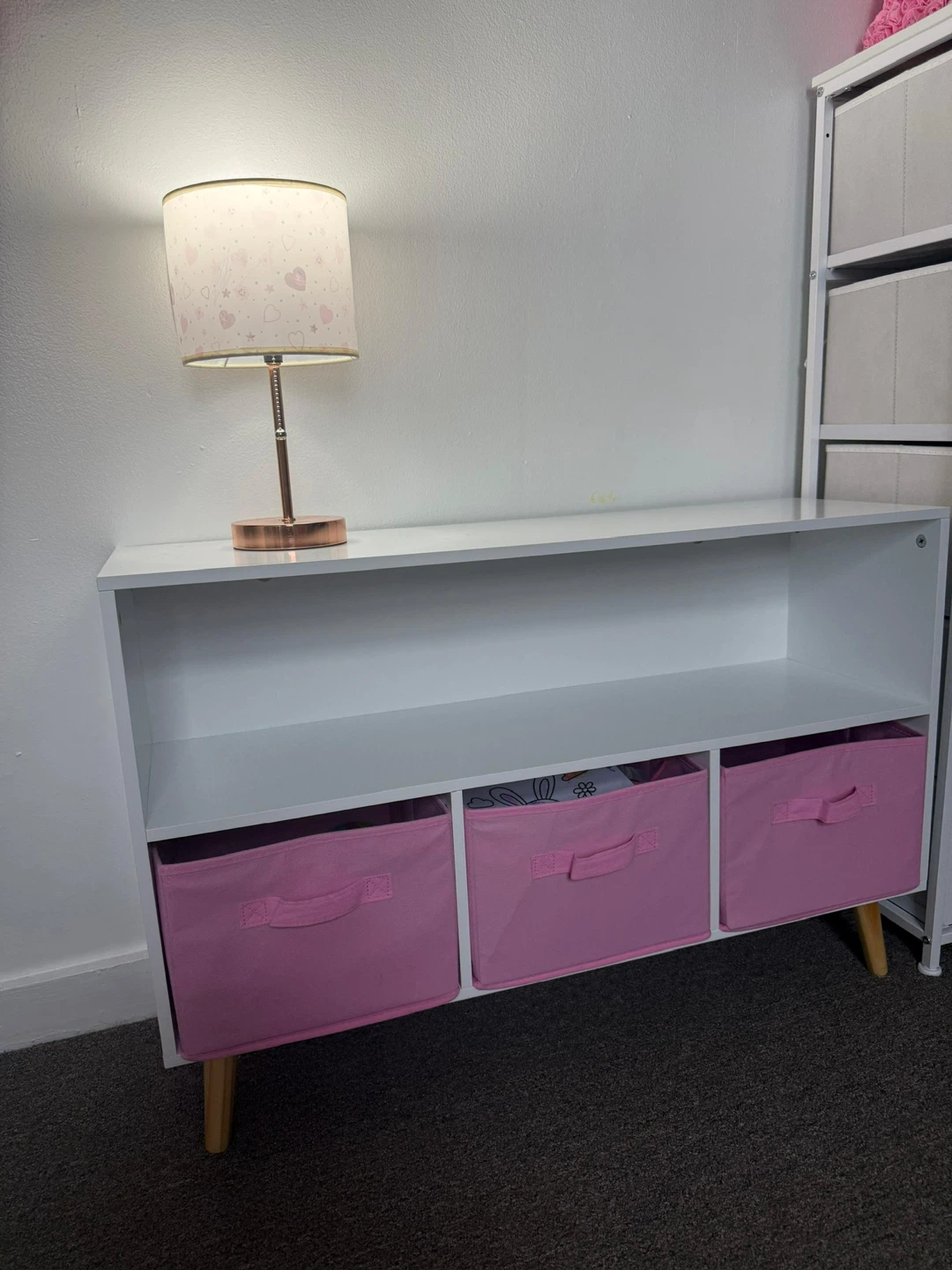 White Storage Unit with 3 Pink Fabric Bins - photo 2