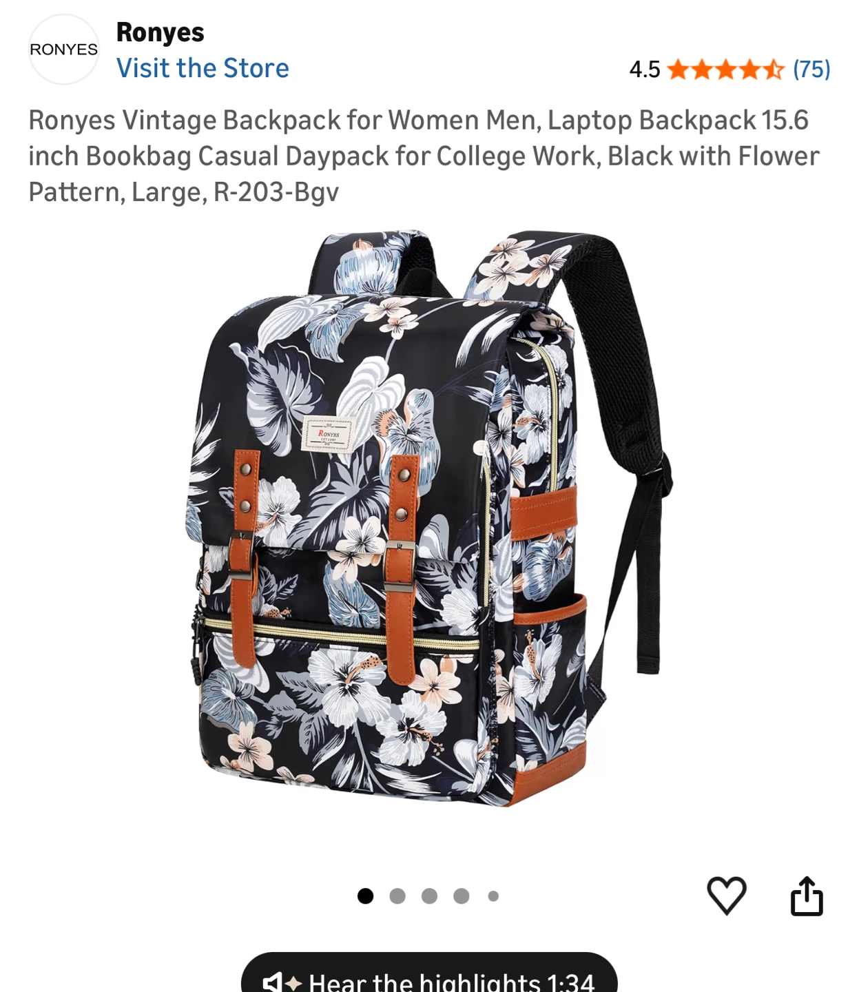 Ronyes Vintage Backpack Large Black Floral Laptop Bag