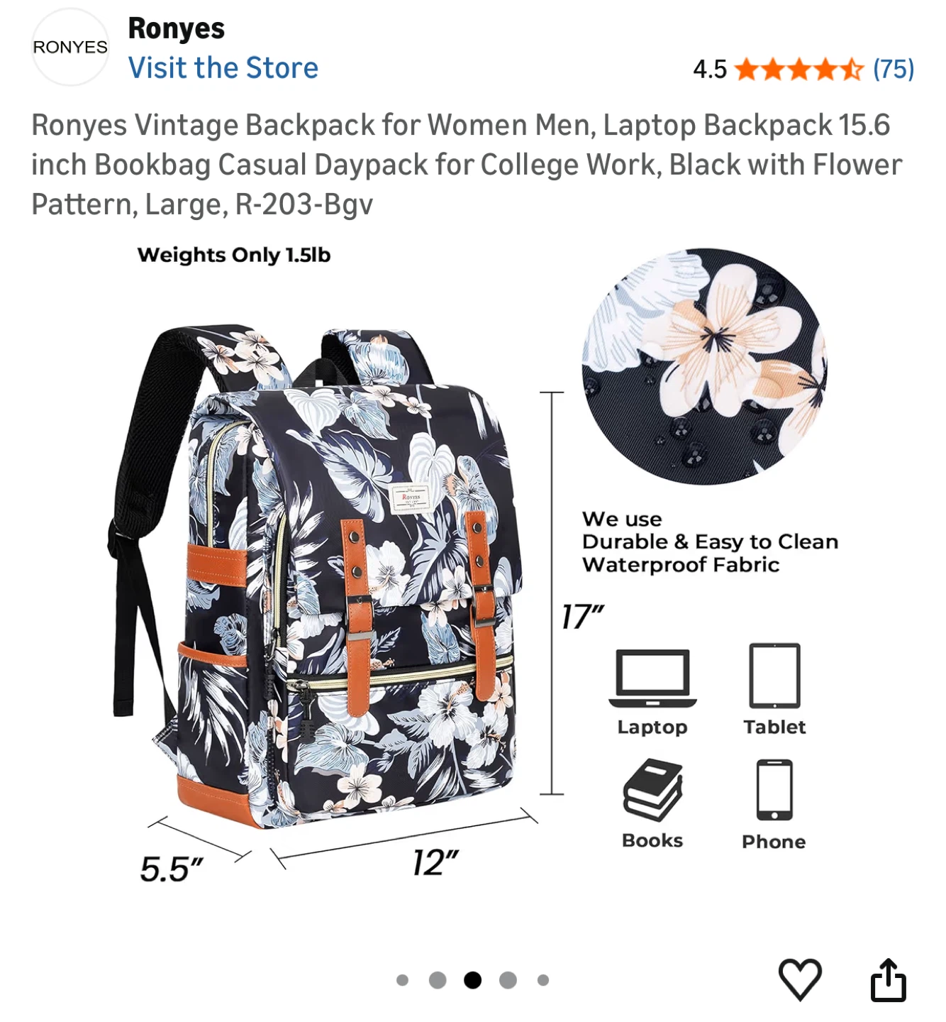 Ronyes Vintage Backpack Large Black Floral Laptop Bag - photo 3