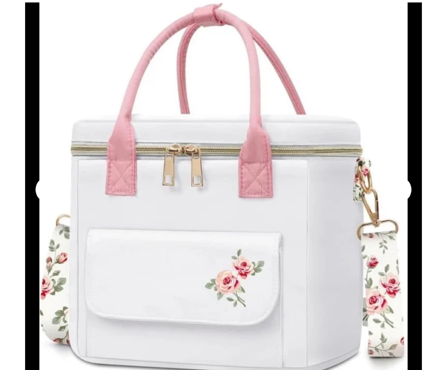 White Insulated Lunch Bag with Floral Accents - photo 2