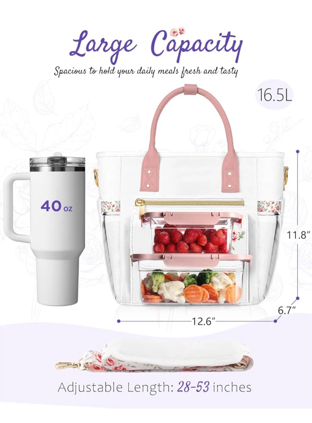 White Insulated Lunch Bag with Floral Accents - photo 5