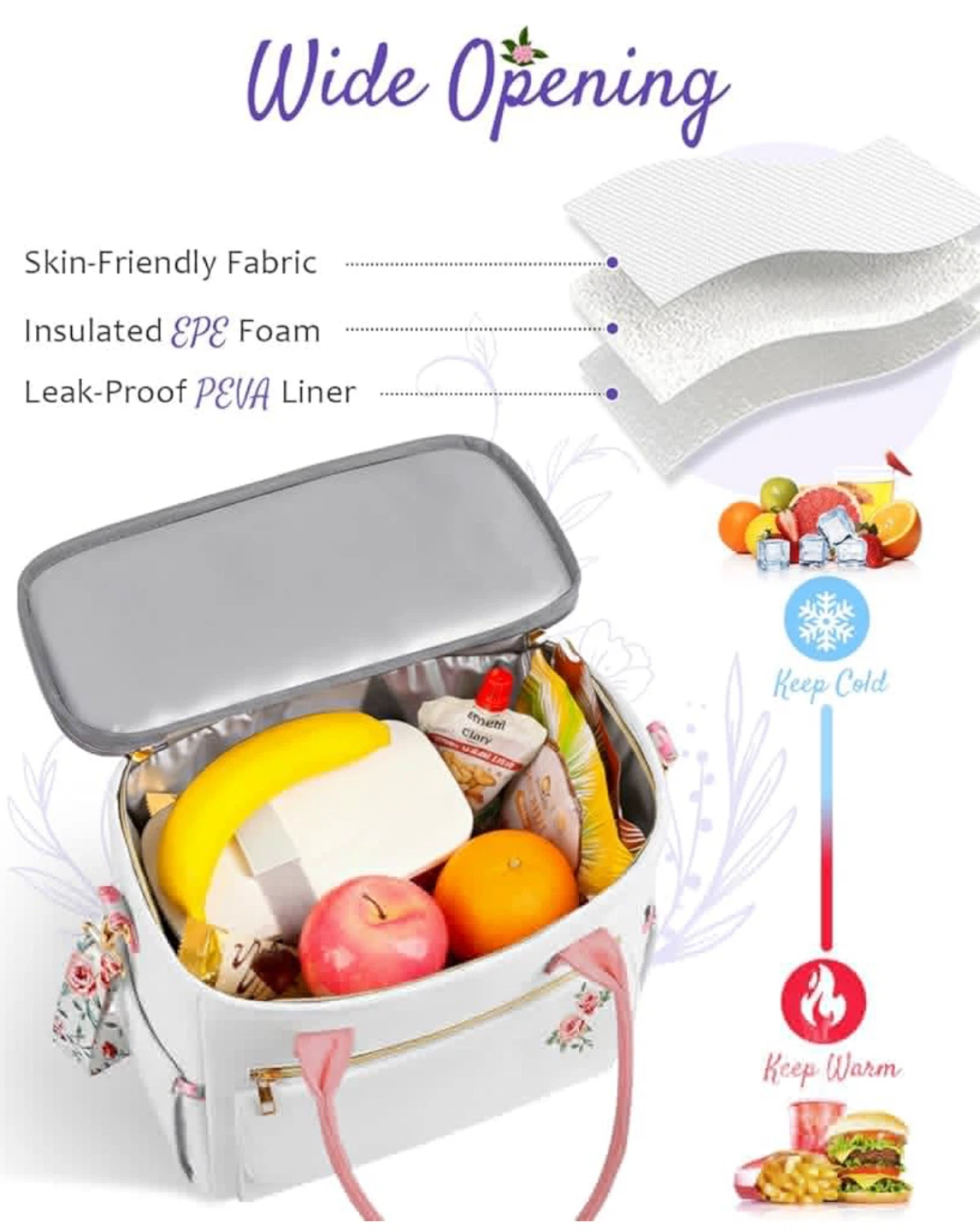 White Insulated Lunch Bag with Floral Accents - photo 3