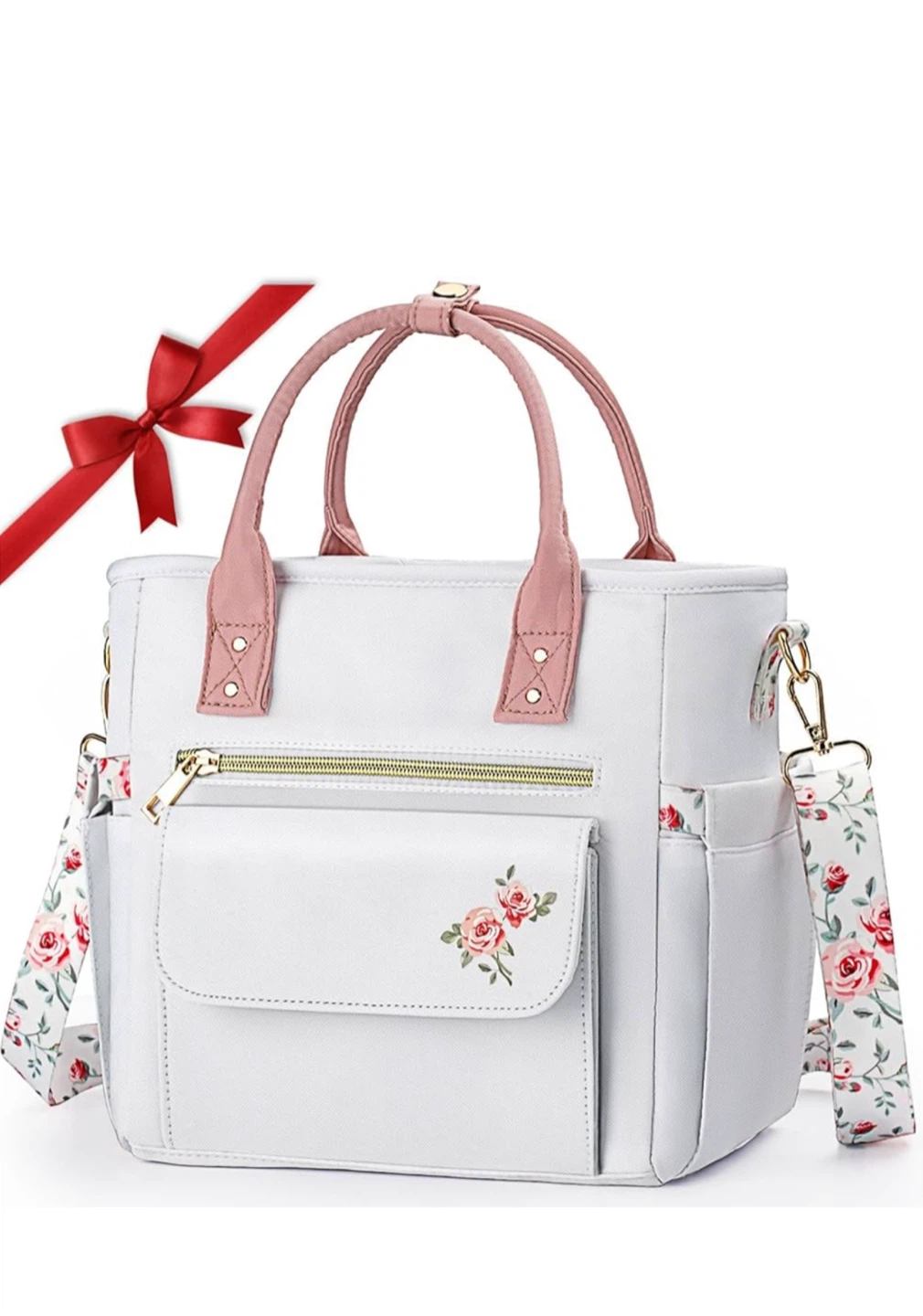 White Insulated Lunch Bag with Floral Accents
