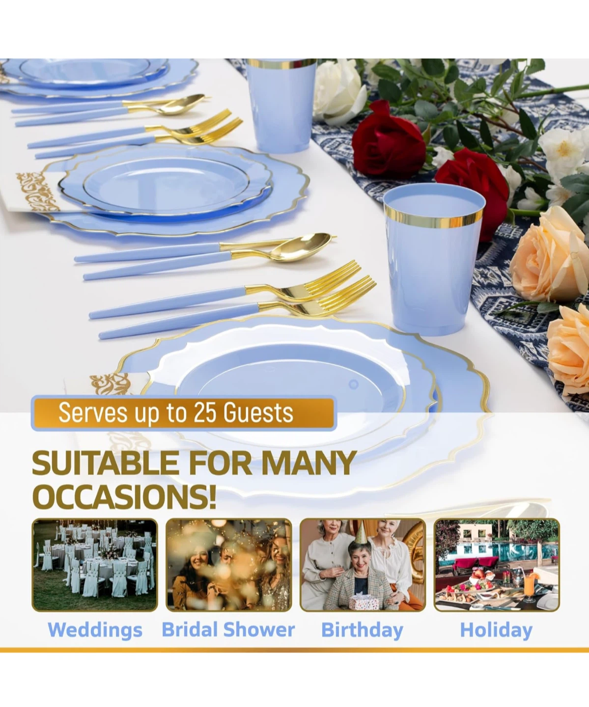 Light Blue & Gold Disposable Dinnerware Set for 25 - photo 2