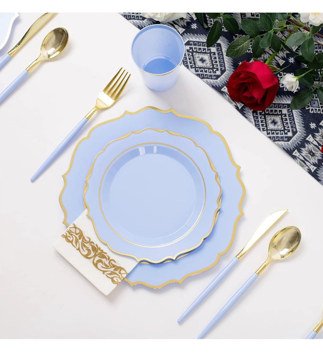 Light Blue & Gold Disposable Dinnerware Set for 25