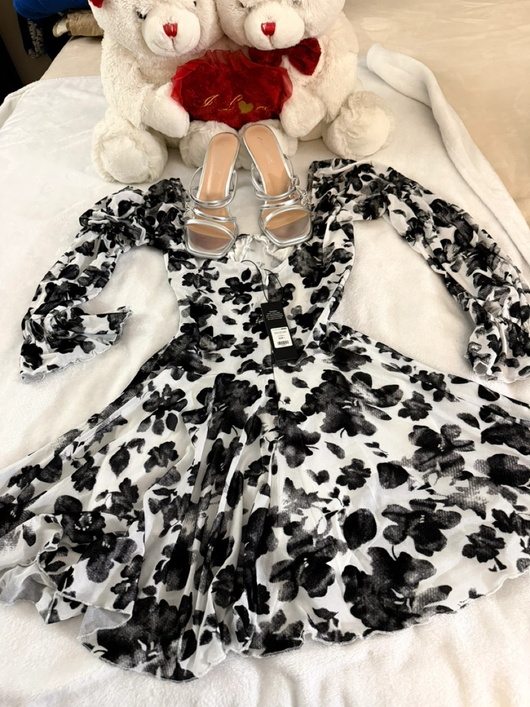 Black & White Floral Dress with Ruffled Sleeves