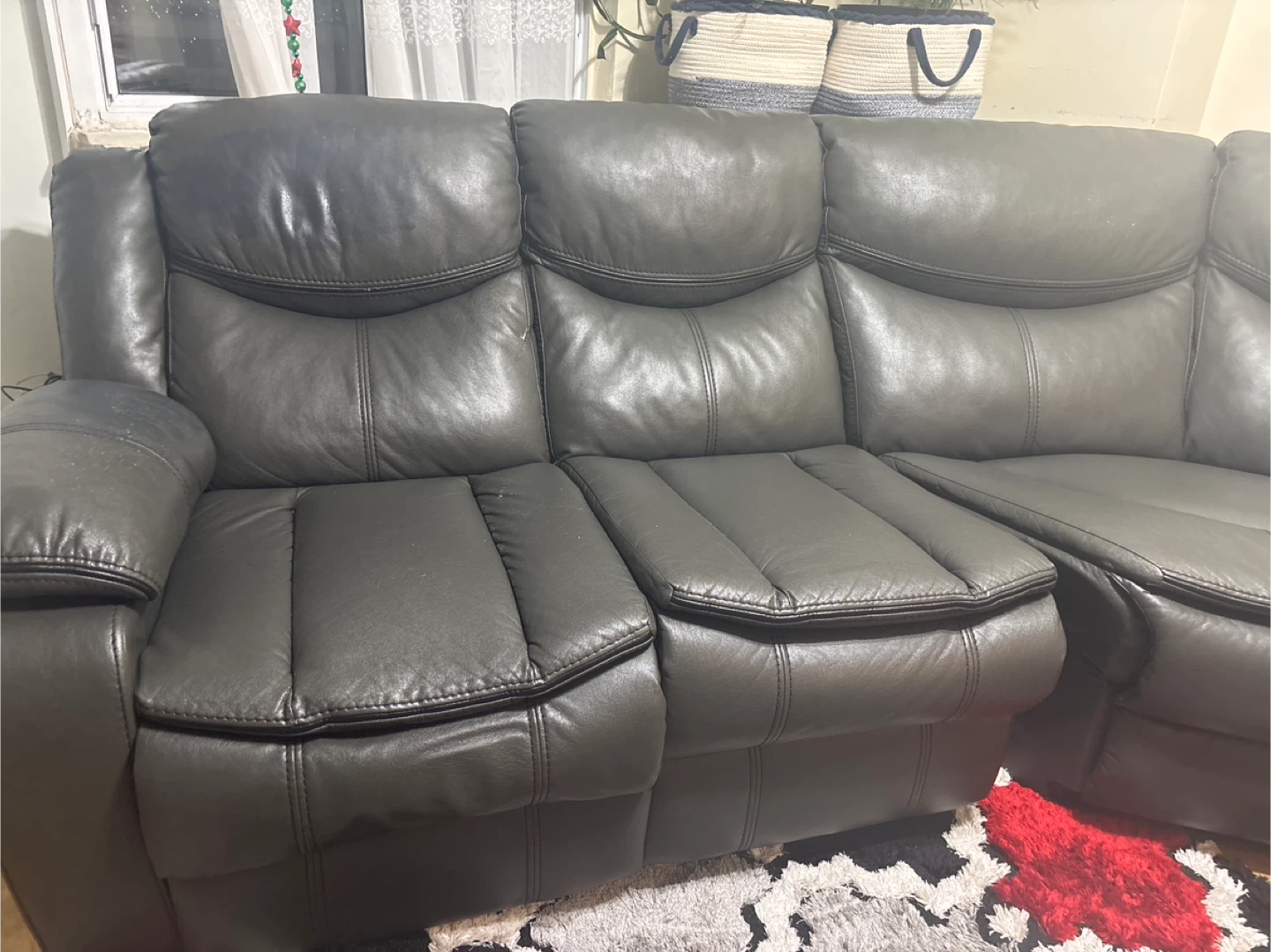 Grey Leather Sectional Recliner Sofa with Cup Holders