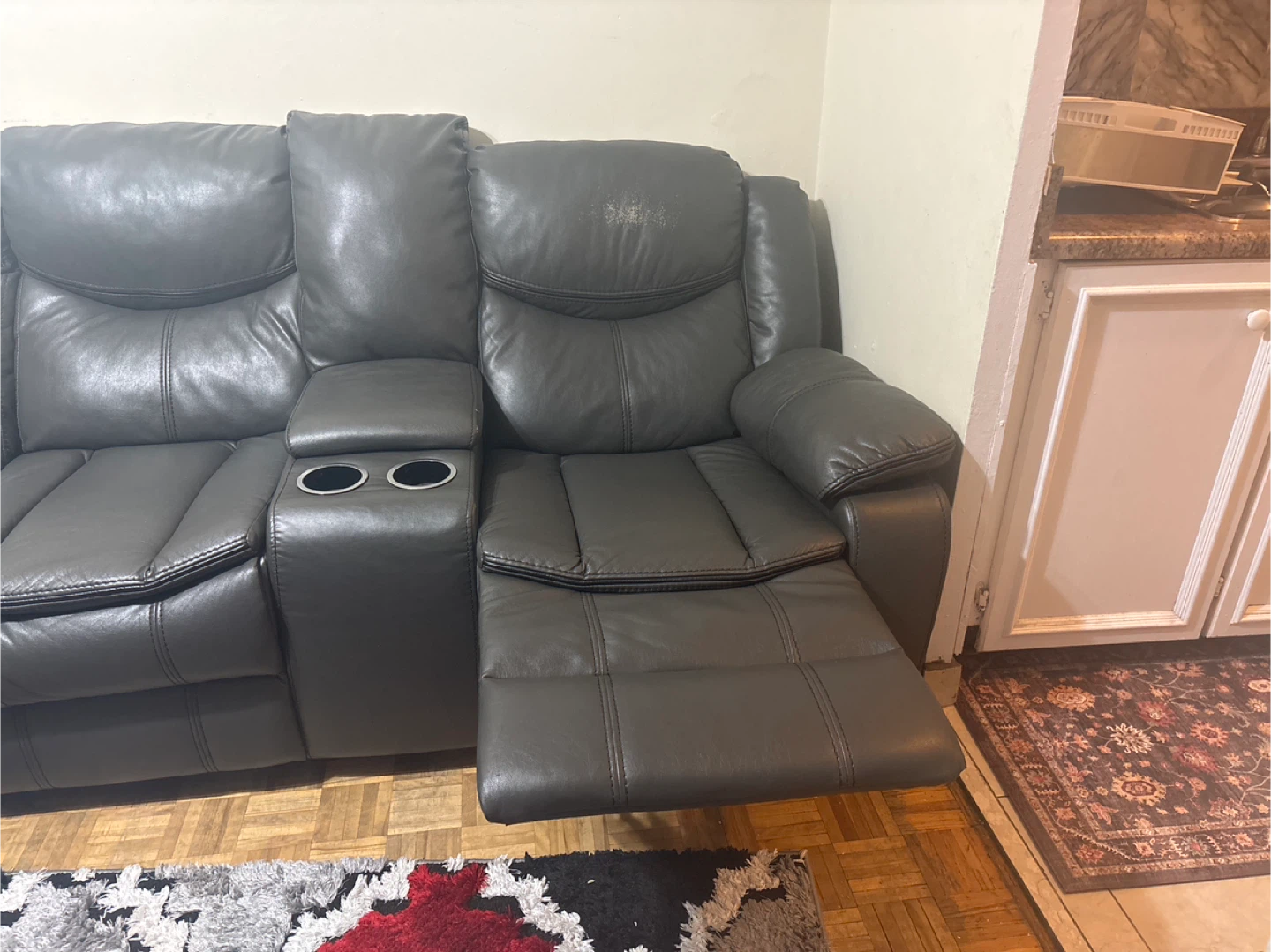 Grey Leather Sectional Recliner Sofa with Cup Holders - photo 4