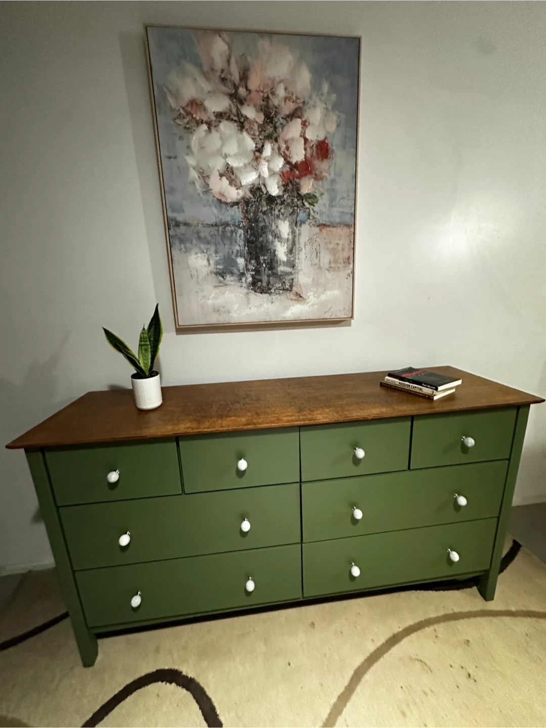 Green 8-Drawer Dresser with Wood Top