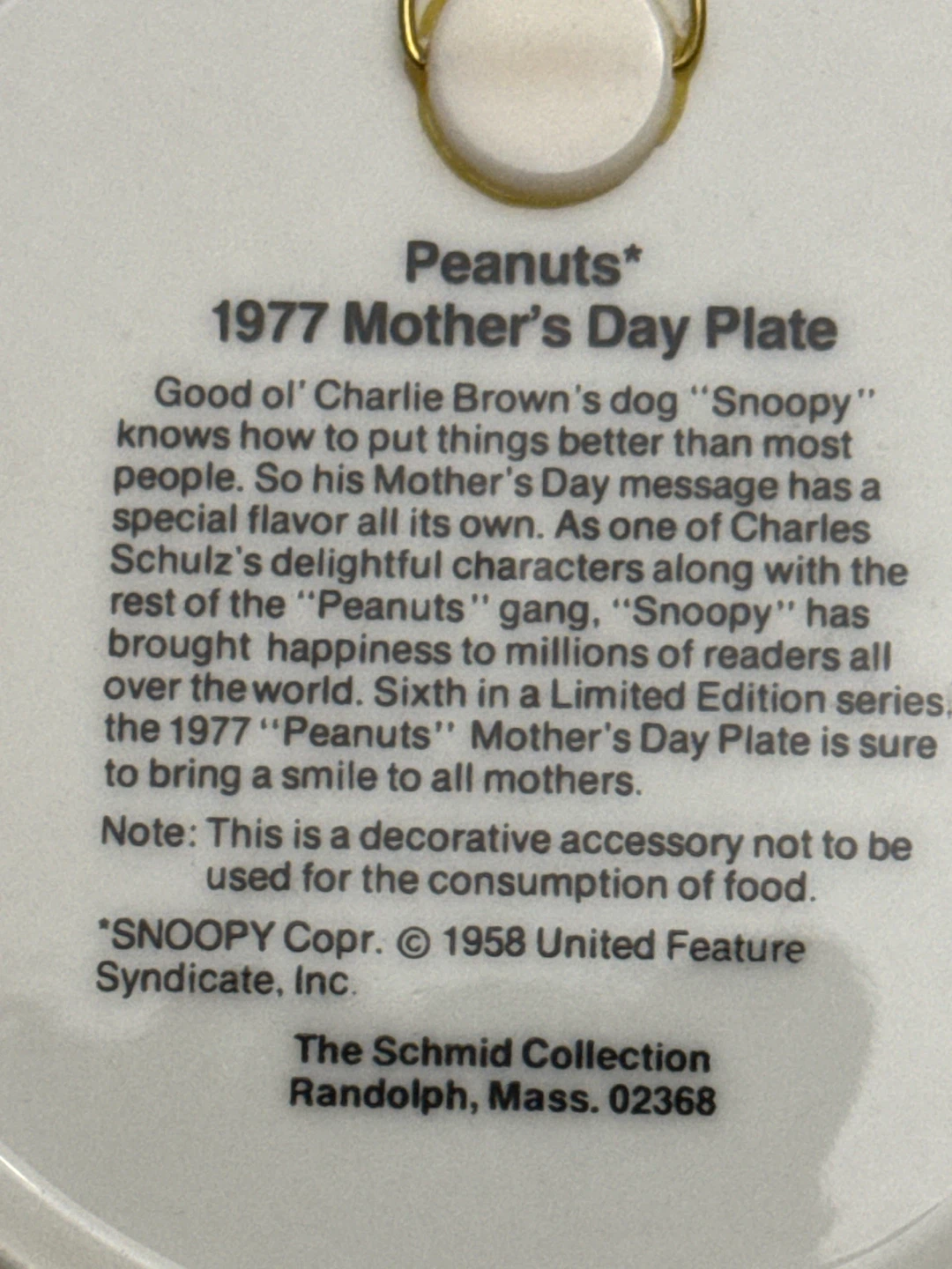 1977 Peanuts Mother's Day Plate - Snoopy - photo 3