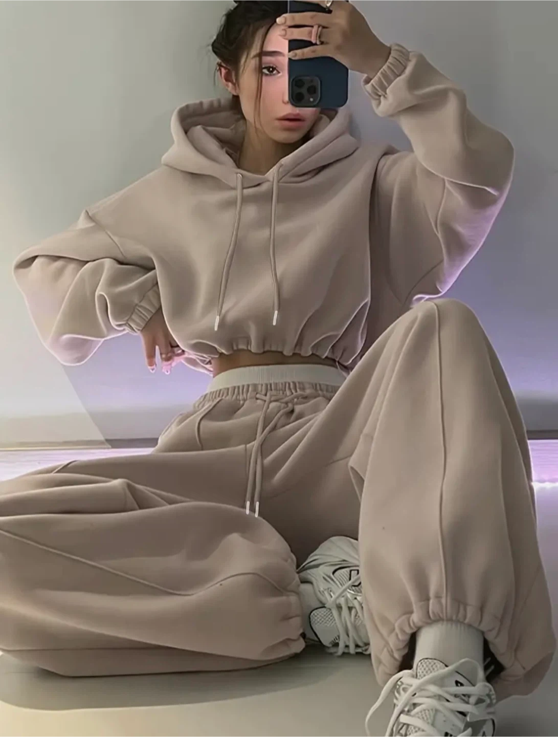 New 2pcs Women's Beige Set Hoodie and Sweatpants