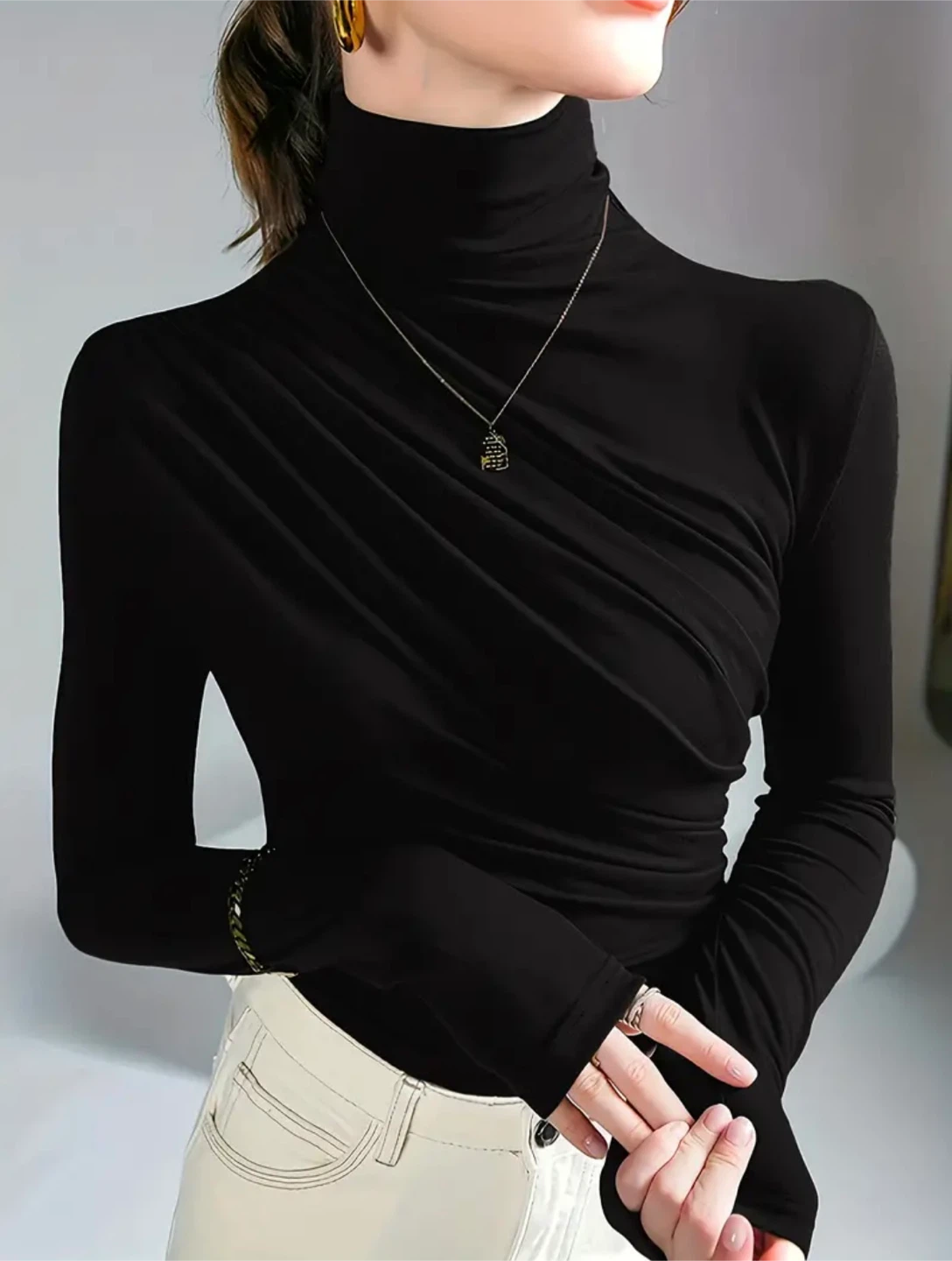 New Black Turtleneck Long Sleeve Top