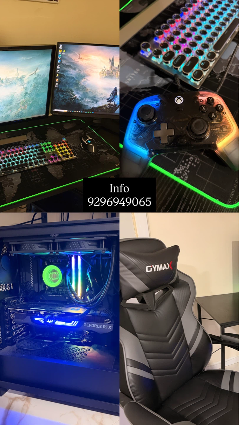 Gaming PC Setup with Dual Monitors, Keyboard, Mouse, and Chair - photo 2