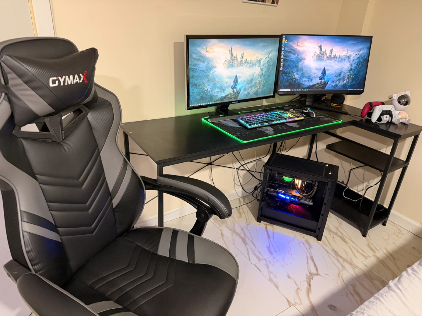 Gaming PC Setup with Dual Monitors, Keyboard, Mouse, and Chair
