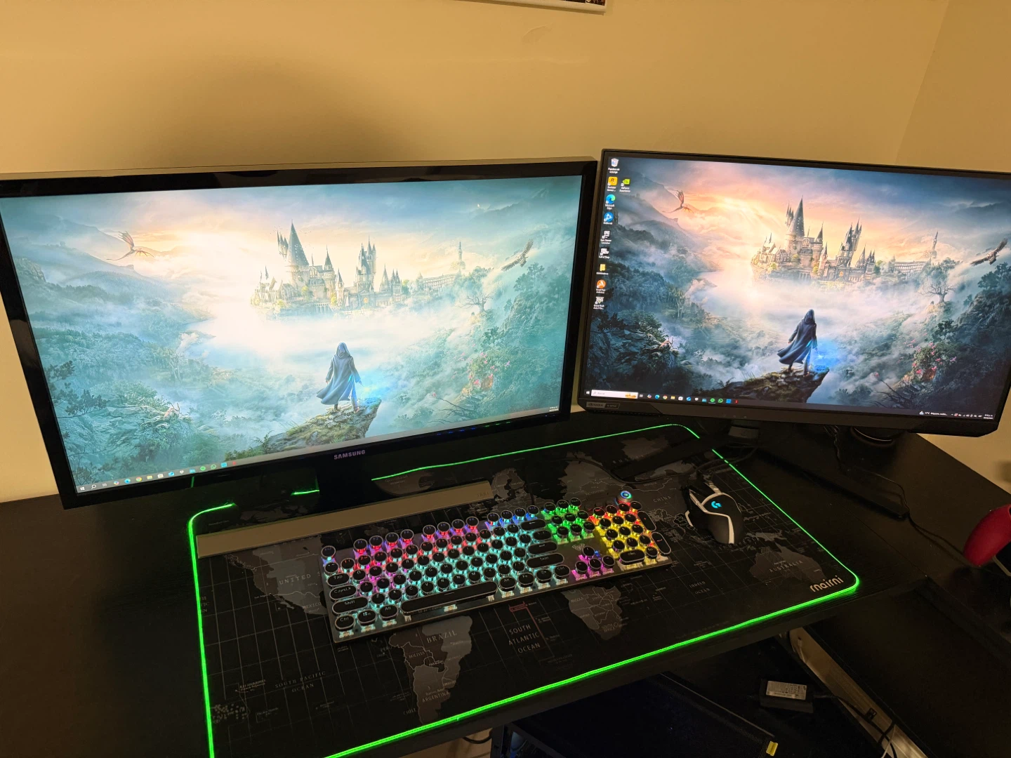 Gaming PC Setup with Dual Monitors, Keyboard, Mouse, and Chair - photo 3