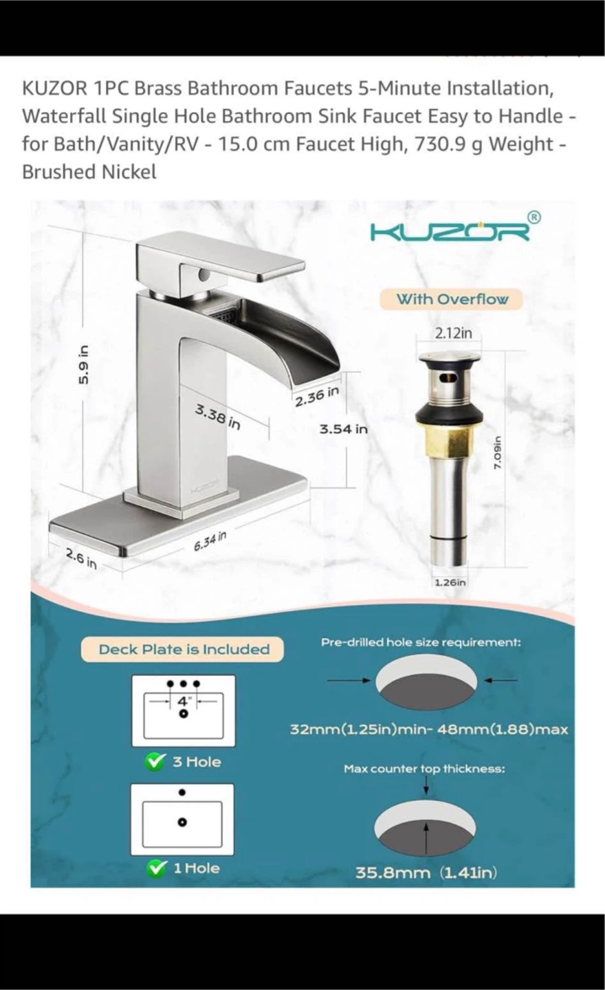 KUZOR Brass Waterfall Bathroom Faucet - Brushed Nickel
