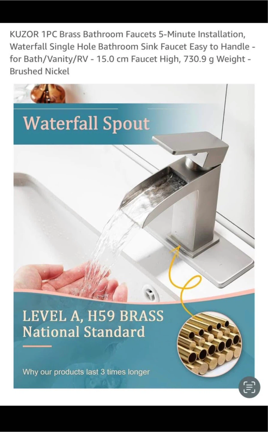 KUZOR Brass Waterfall Bathroom Faucet - Brushed Nickel - photo 2