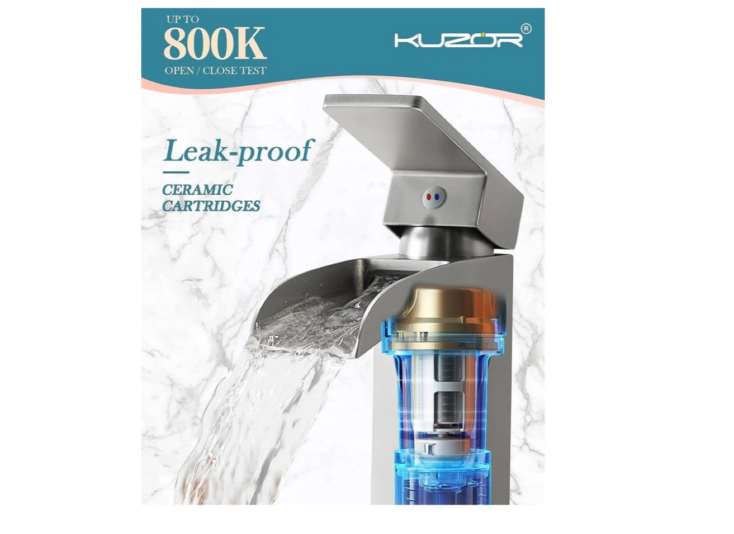 KUZOR Brass Waterfall Bathroom Faucet - Brushed Nickel - photo 4