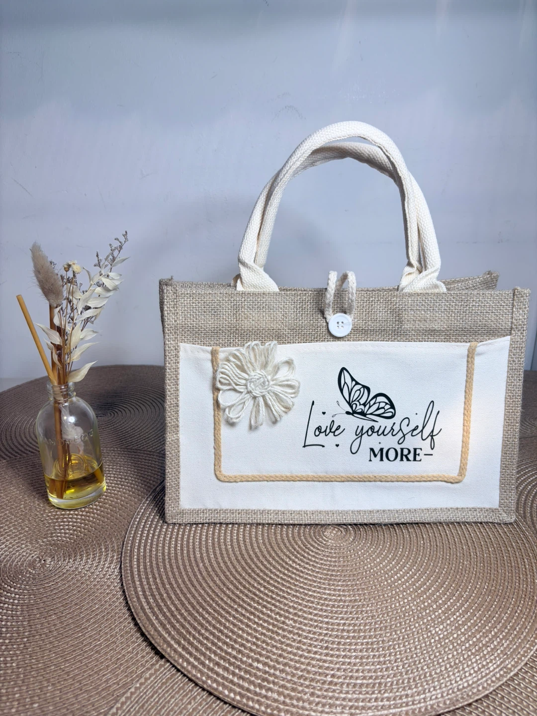 Jute Tote Bag with Sunflower and Butterfly Design